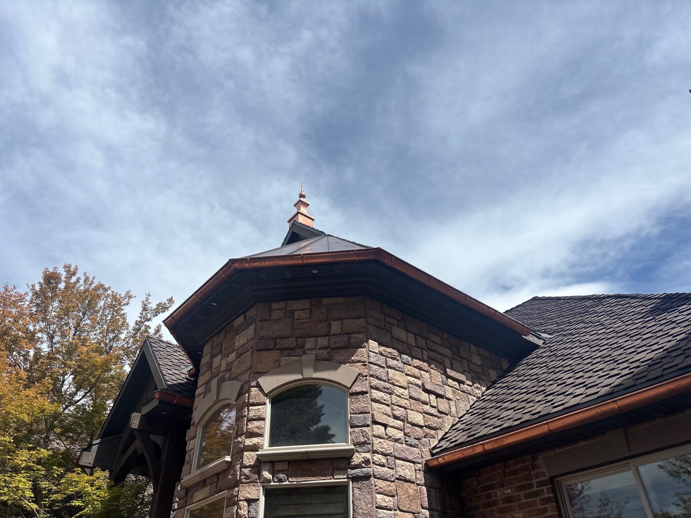 Copper Downspout — Brick Home Close-Up — Utah County, UT